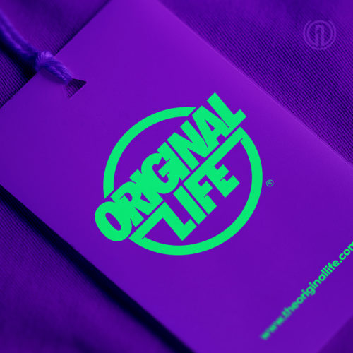 Custom Retail Tag design for fashion brand Original Life SF in purple and lime green